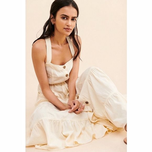 Free People Catch the Breeze Cottagecore Prarie Tiered Linen Midi Dress - Picture 15 of 15
